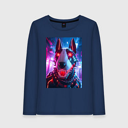 Лонгслив хлопковый женский Морда кибер бультерьера - неоновое свечение, цвет: тёмно-синий