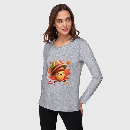 Женский лонгслив Веселый желудь на прогулке в листопад / Меланж – фото 3