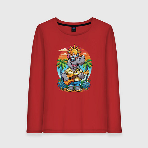 Женский лонгслив Носорог играет на гитаре жарким летом / Красный – фото 1