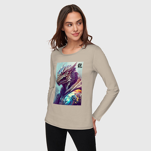 Женский лонгслив Cool dragon - hieroglyph ai art / Миндальный – фото 3