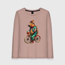 Лонгслив хлопковый женский Капибара велосипед птичка на голове, цвет: пыльно-розовый