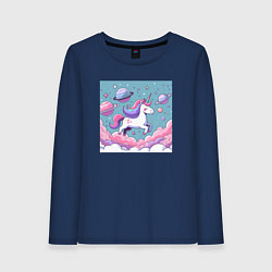 Лонгслив хлопковый женский Милый сказочный единорог в космосе, цвет: тёмно-синий