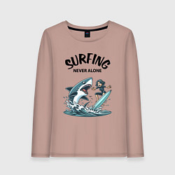 Лонгслив хлопковый женский Surfing never alone - shark and girl, цвет: пыльно-розовый