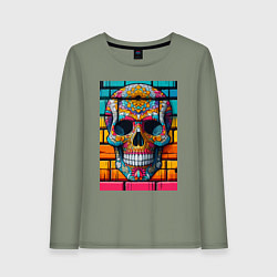 Лонгслив хлопковый женский Череп - граффити от нейросети, цвет: авокадо