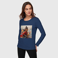 Лонгслив хлопковый женский Краски самурая, цвет: тёмно-синий — фото 2