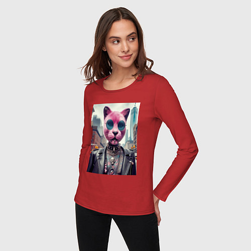 Женский лонгслив Модная кошечка из Нью-Йорка / Красный – фото 3