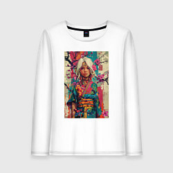 Лонгслив хлопковый женский Белокурая индейская девушка в японском кимоно - жи, цвет: белый
