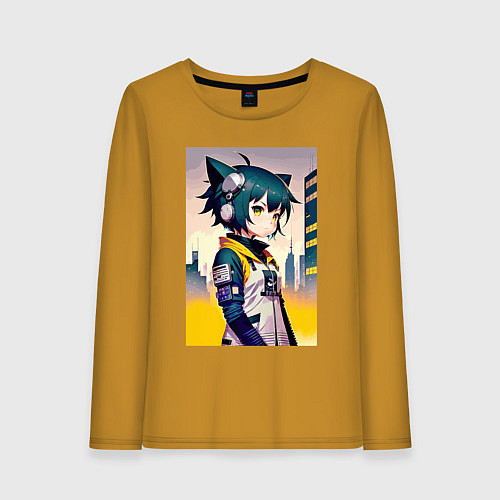 Женский лонгслив Kitten girl - cyberpunk / Горчичный – фото 1