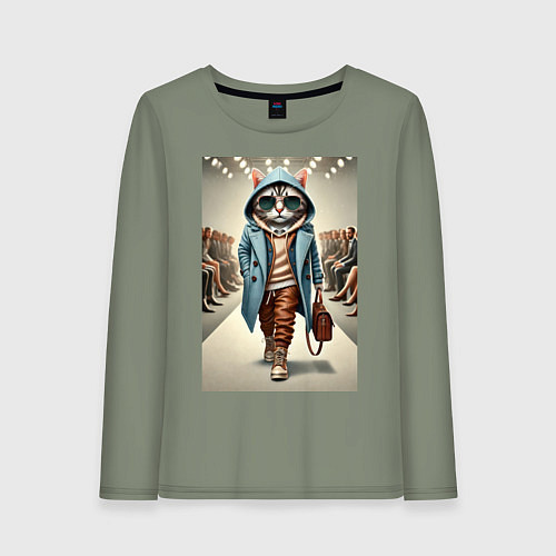 Женский лонгслив Модный кот в очках на дефиле животных / Авокадо – фото 1
