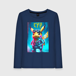 Лонгслив хлопковый женский Cyber Pikachu - ai art fantasy, цвет: тёмно-синий