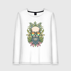 Лонгслив хлопковый женский Бородатый череп хипстер в цветах, цвет: белый