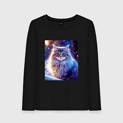 Лонгслив хлопковый женский Кот в снегу, цвет: черный