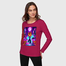 Лонгслив хлопковый женский Neon halloween and Minecraft - collaboration, цвет: маджента — фото 2