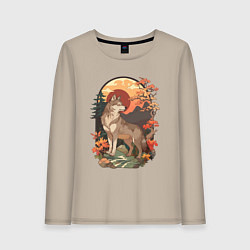 Лонгслив хлопковый женский Волк в лесу в японском стиле, цвет: миндальный