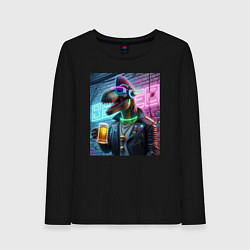 Лонгслив хлопковый женский Dinosaur dude with a beer mug wearing headphones a, цвет: черный