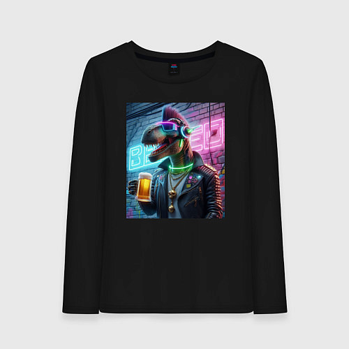 Женский лонгслив Dinosaur dude with a beer mug wearing headphones a / Черный – фото 1