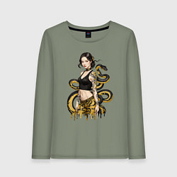 Женский лонгслив Женщина и чёрно-жёлтая змея за её спиной