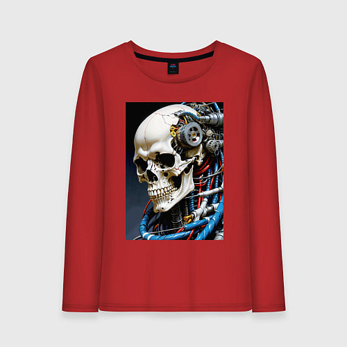 Женский лонгслив Кибер череп - нейроарт фантазия / Красный – фото 1