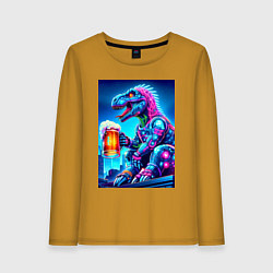 Лонгслив хлопковый женский Cyber tyrannosaur with a mug of beer - ai art fant, цвет: горчичный