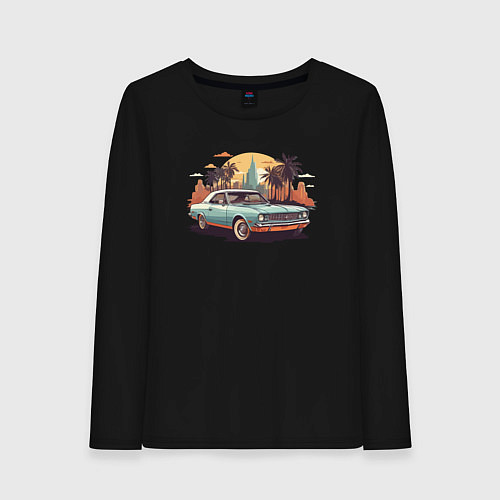 Женский лонгслив Ретро автомобиль на фоне города / Черный – фото 1