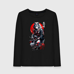Лонгслив хлопковый женский Волк самурай - гравюра, цвет: черный