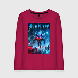Лонгслив хлопковый женский Ёжик монстр в ночном мегаполисе - неоновое свечени, цвет: маджента