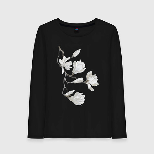 Женский лонгслив Цветы акварелью ветки магнолии / Черный – фото 1