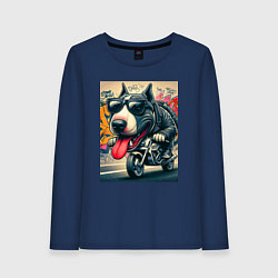 Лонгслив хлопковый женский Бультерьер управляет мотоциклом - граффити, цвет: тёмно-синий