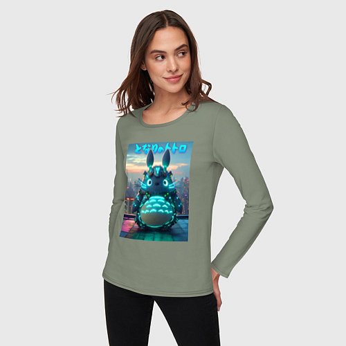 Женский лонгслив Cyber Totoro - neon glow fantasy / Авокадо – фото 3