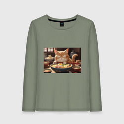 Лонгслив хлопковый женский Кот обожает рамен, цвет: авокадо