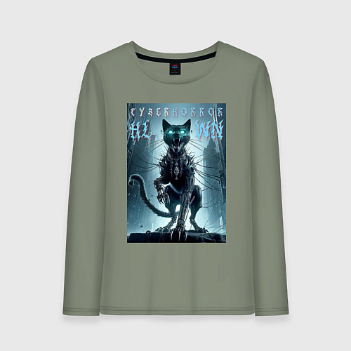 Женский лонгслив Cyber black cat - halloween horror fantasy / Авокадо – фото 1