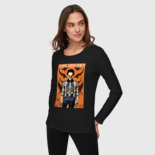 Женский лонгслив Cool skeleton - halloween poster / Черный – фото 3