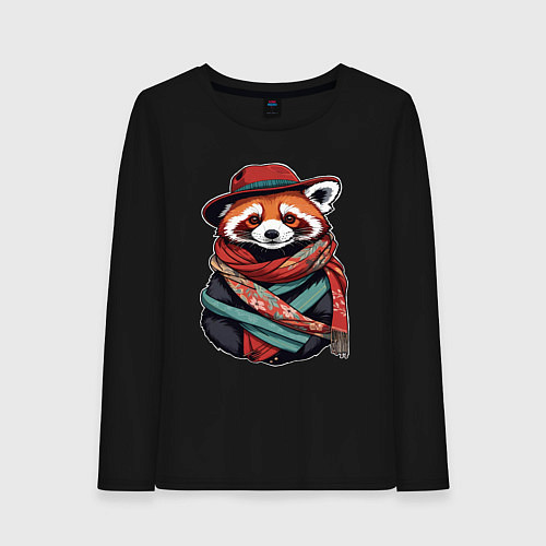 Женский лонгслив Красная панда в шляпе и шарфе / Черный – фото 1