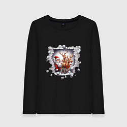 Лонгслив хлопковый женский Санта с оленями, цвет: черный