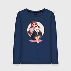 Женский лонгслив Сидящая девушка с кошкой на ногах