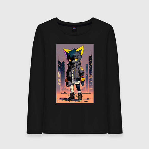 Женский лонгслив Уличный котёнок хулиган - нейроарт / Черный – фото 1