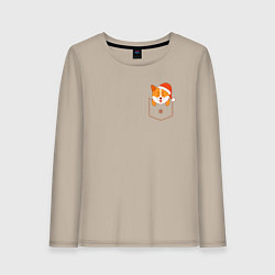 Лонгслив хлопковый женский Новогодний корги в кармашке, цвет: миндальный