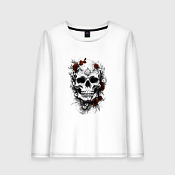 Лонгслив хлопковый женский Магический череп с розами, цвет: белый