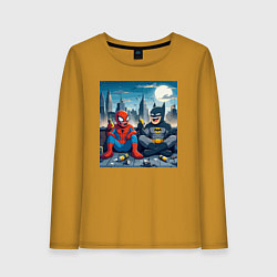 Лонгслив хлопковый женский Человек паук и Бэтмен пьют пиво на крыше небоскрёб, цвет: горчичный