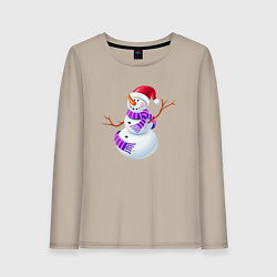 Лонгслив хлопковый женский Снеговичок с шарфом, цвет: миндальный
