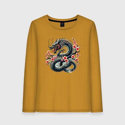 Женский лонгслив Japanese dragon and sakura - irezumi / Горчичный – фото 1