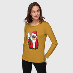 Лонгслив хлопковый женский Дед мороз сыплет подарками, цвет: горчичный — фото 2
