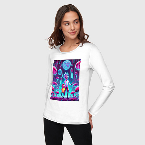 Женский лонгслив Rick and Morty among neon mushrooms - ai art fanta / Белый – фото 3
