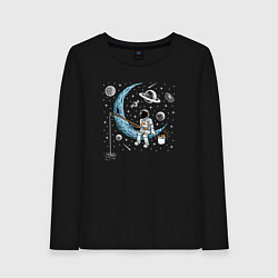 Лонгслив хлопковый женский Космическая рыбалка, цвет: черный