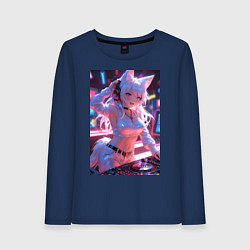 Лонгслив хлопковый женский Лиса диджей в клубе, цвет: тёмно-синий