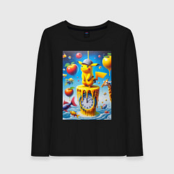Лонгслив хлопковый женский Funny Pikachu and fishes - surrealism, цвет: черный
