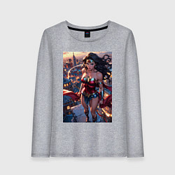 Лонгслив хлопковый женский Чудо-женщина на крыше с городским фоном в стиле ко, цвет: меланж