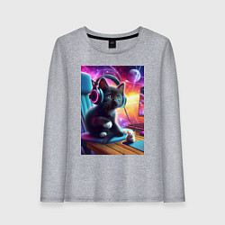 Лонгслив хлопковый женский Котёнок в наушниках и мышка, цвет: меланж