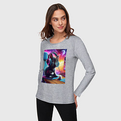 Лонгслив хлопковый женский Котёнок в наушниках и мышка, цвет: меланж — фото 2