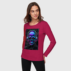 Лонгслив хлопковый женский Неоновый череп в наушниках, цвет: маджента — фото 2